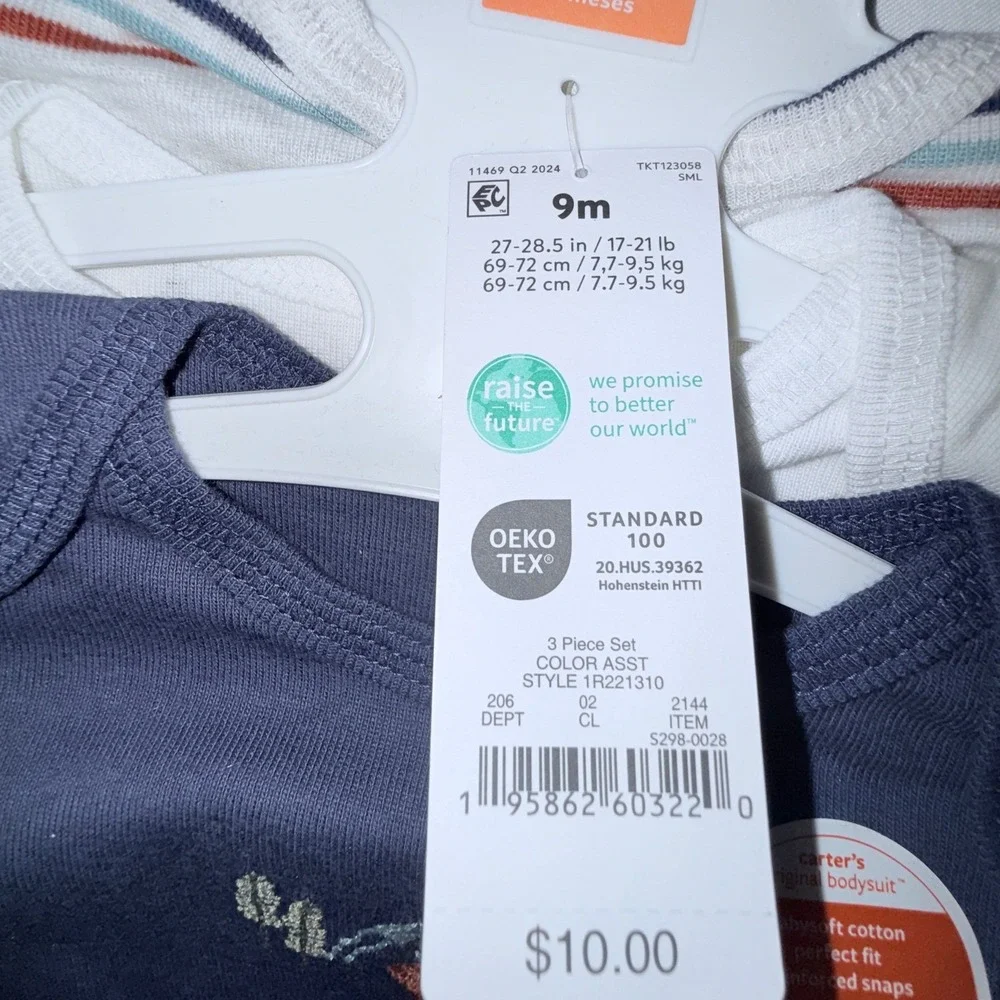 Carter's Bodysuit Set Kids 9M Blue White NEW 3-Pack Long Sleeve Bear‎ Outdoor